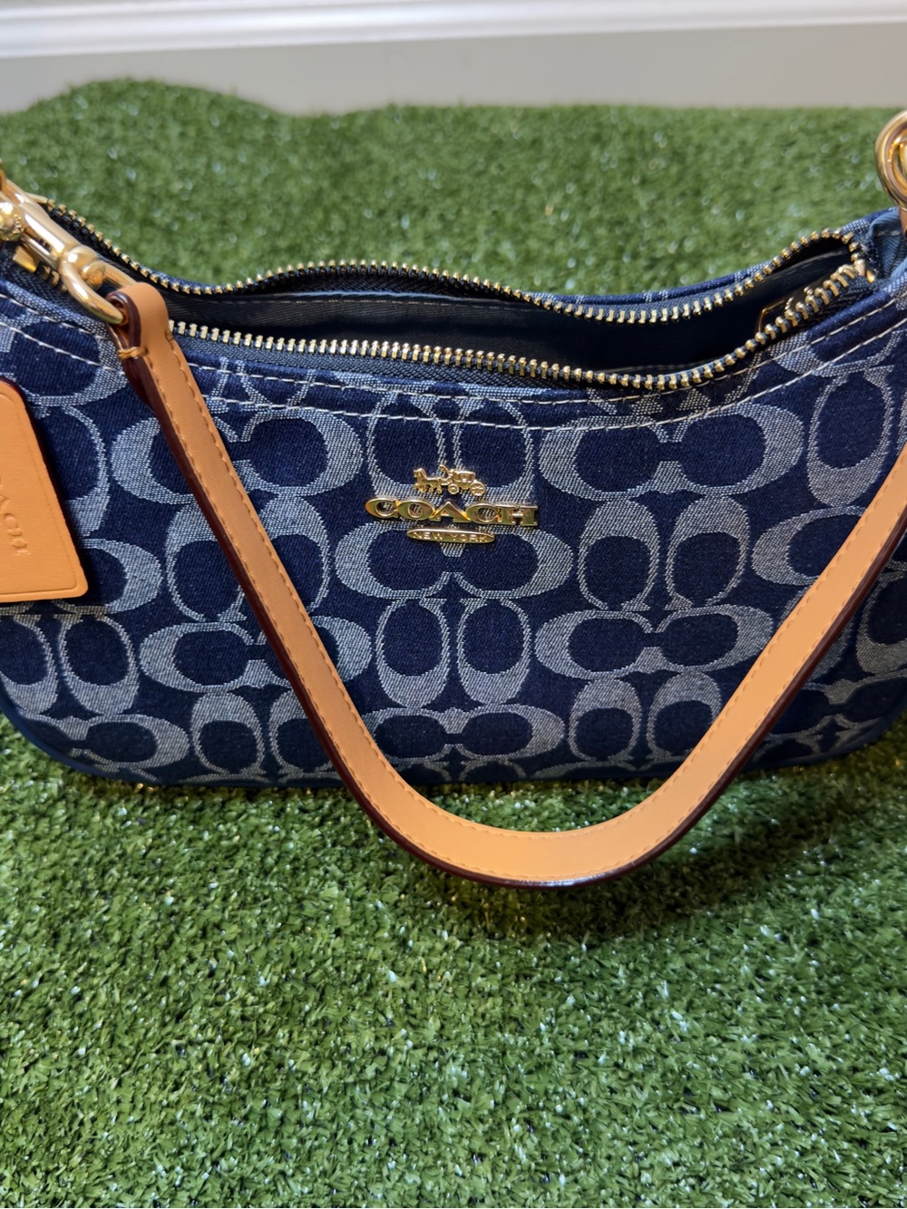 Coach Denim Shoulder Bag in Navy with Tan Strap